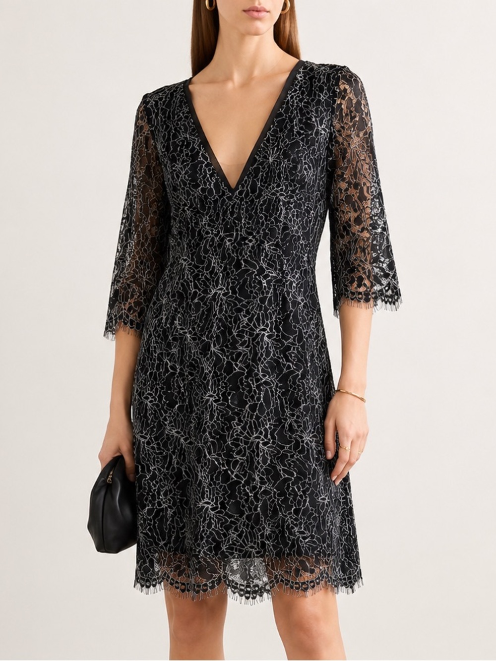 Rachel Zoe Black Lace Midi Dress with Lavender Threading LBD 6